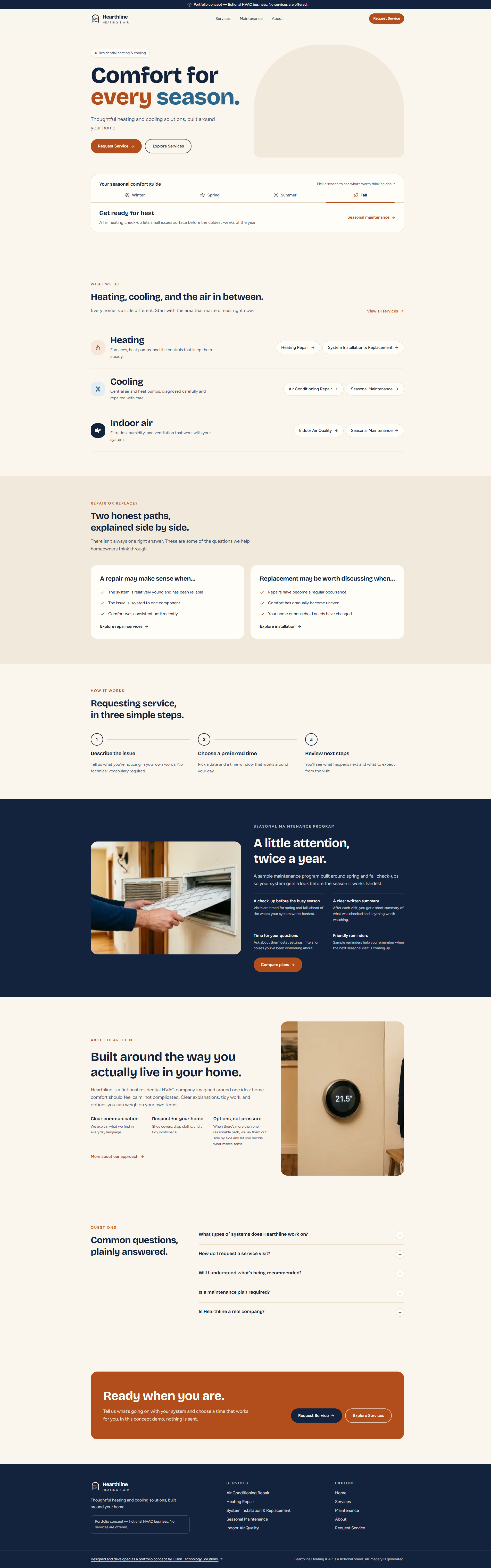 Full-page capture of the Hearthline Heating & Air homepage, from the hero and seasonal comfort guide through service groups, repair-versus-replacement guidance, request steps, maintenance plan preview, business approach, FAQs, a final call to action, and the footer