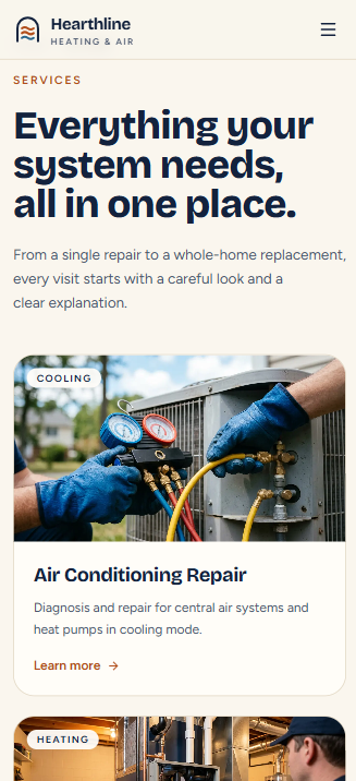 Hearthline Heating & Air Services page on a phone, with the heading “Everything your system needs, all in one place” above stacked service cards labeled Cooling and Heating, starting with Air Conditioning Repair and a Learn more link